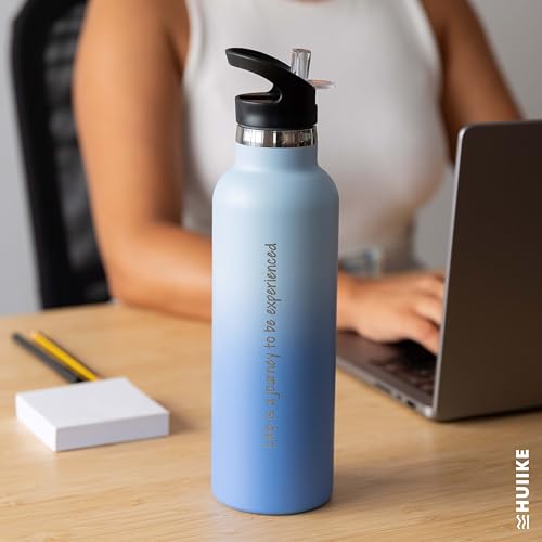 Miniatura 8 de Botella Agua Acero Inoxidable Azul - Huiike Botella Termica 750ml Con 3 Tapones, Termo Agua Fria 24 Horas Y Caliente 12 Horas Cantimplora Termica Sin Bpa Water Bottle Pajita, Reutilizable Gimnasio