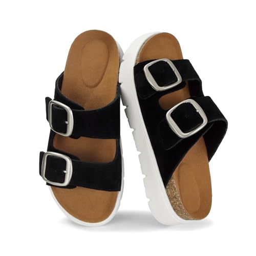 Image of Genuine Leather Platform Sandals for Women Comfortable Summer Beach Slides Sandals with Double Adjustable Buckle