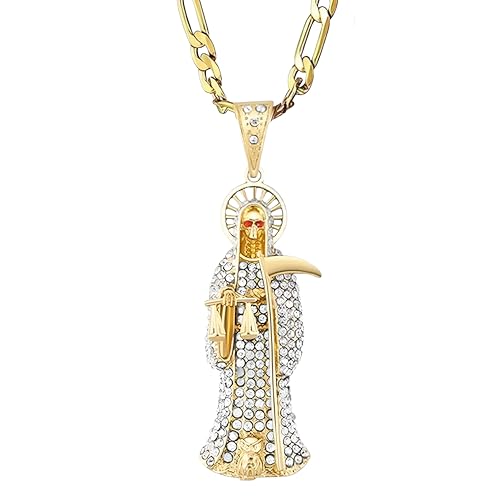14k Yellow Gold La Santa Muerte Necklace For Women And Men - Holy Death's Pendant Necklaces, Santa Muerte Pendant With Chain, Holy Saint Death Religious Jewelry Gift
