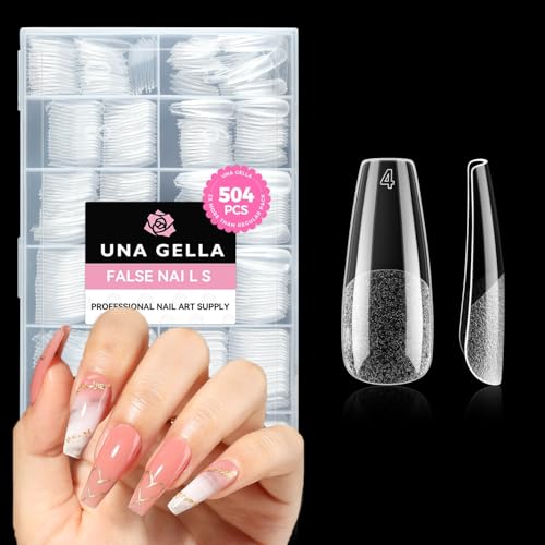 UNA GELLA Long Coffin Nail Tips, 504pcs Pre-Shape Fake Nails Half Matte Full Cover Acrylic Gel Nail Tips Clear Long Coffin Press On Nails Home DIY Extension 12 Sizes Gelly Tips