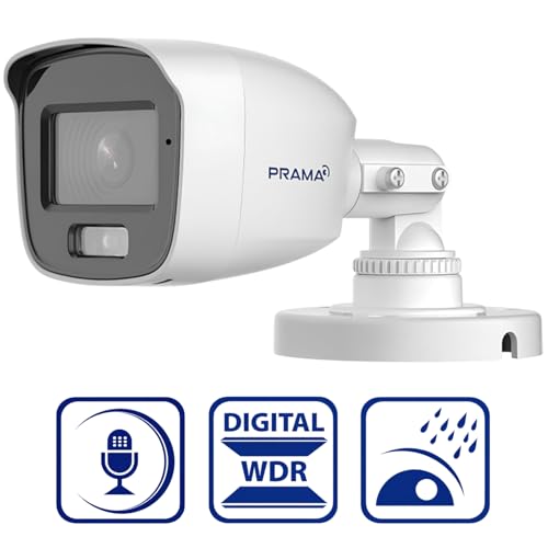 Image of Prama PT-HTD11F0E-LPFS 2MP Mini Bullet Camera,1080p Resolution, Built-in Microphone for Audio Over Coax, Smart Dual-Light (IR /White Light up to 20m), and IP66 Weather Resistance.