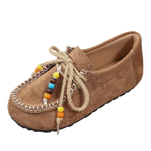 NHBEOEN Suede Moccasins Loafers for Women with Beaded Fashion Comfortable Round Toe Slip On Flats Daily Work Walking Shoes (Brown,10)