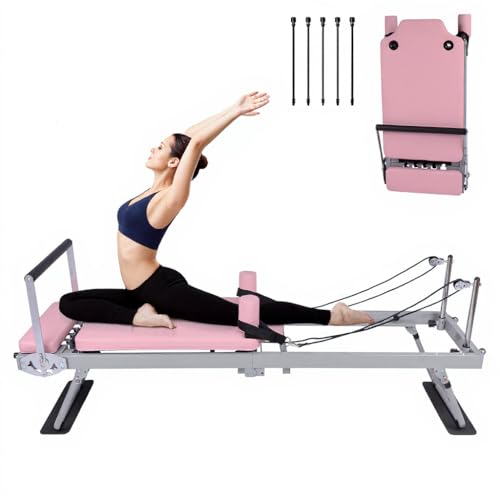 Foldable Pilates Reformer for Home Use - Pink Reformer Pilates Machine with Springs,Pilates Pro Reformers Bed for Studio Apartment & Gym - Ideal for Beginners & Advanced Users