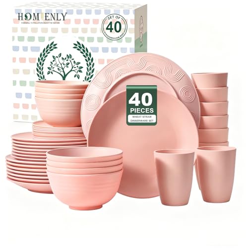 Image of Homienly 40 PCS Premium Wheat Straw Dinnerware Sets, Unbreakable Dishes Set for Party, Resuable Plates Set,Service for 8,Microwave and Dishwasher Safe Cups and Bowls Set for Camping, RV(Pink)