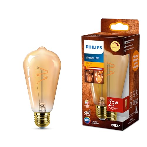 Philips Ámbar vintage ST64 (1un) - Bombilla LED, regulable, sin parpadeo, EyeComfort, 270 lúmenes, llama (1800 K), 3,1 W=25 W, casquillo E27