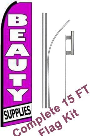 NEOPlex - "Beauty Supplies (Extra Wide)" Complete Flag Kit - Includes 12' Swooper Feather Business Flag with 15-Foot Anodized Aluminum Flagpole and Ground Spike