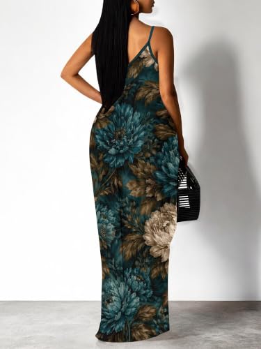 Image of Women's Summer Maxi Dress Spaghetti Strap Floral Boho Beach Long Sundress with Pockets