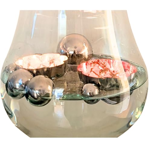 8tlg. Miniteich Set - 2 Schwimmschalen Rosa 8cm - 5cm und 6 Edelstahl Schwimmkugeln Silber - Teichdeko schwimmend für Balkonteich - Zinkwanne - Deko für Wasserspiele -Gartenteich