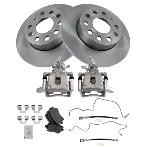 Image of TRQ Rear Brake Pad and Rotor Set Ceramic 260mm Rotors Calipers Hoses Compatible with 2005 Volkswagen Jetta