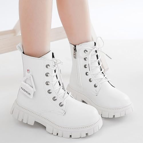 Girls Lace Up Riding Boots Side Zipper PU Leather Waterproof Mid Calf Riding Winter Boots Fashion Comfortable Round Toe Low Heel Combat Goth Leather Solid Color Ankle Booties 4-11 Years2