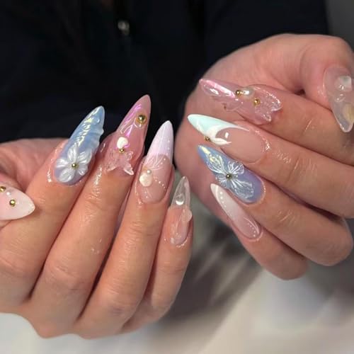 Image of Flower Nail Press ons Butterfly Fake Nails with 3D Design Medium Almond False Nails French Tip Glue on Nials Reusable Artificial Acrylic Full Cover Spring Stick on Nails for Women Girls Manicure 24Pcs