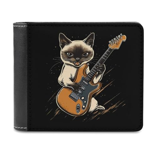 Siamese Cat Playing An Electric Guitar Fashion Bifold Wallets for Men Women Slim & Thin Credit Card Holder Wallet Purse