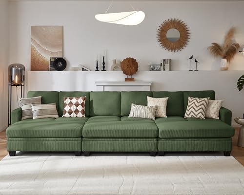 Image of CHIC HOUSE Modular Sectional Couch| Corduroy L Shaped Sleeper Sofa, U-Shape Sofa Bed Convertible Chaise with Storage Ottoman for Living Room Modern Furniture (Green, 12 Seater Sleeper)