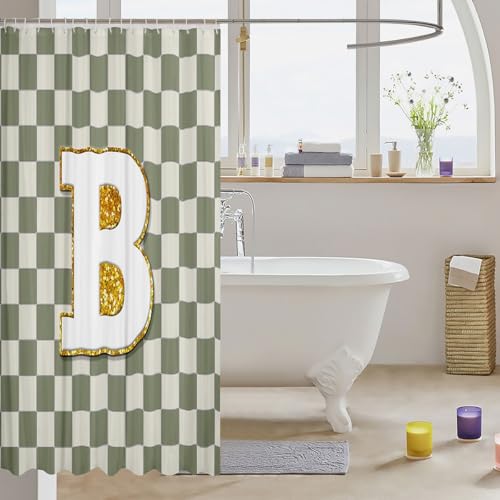 Image of Erosebridal Sage Green Checkered Bathroom Curtain Plaid Initial B Shower Curtain 72 inch Wx78 L Personalized Monogram Bathroom Accessories for Kids Adults,Fashion Grids Gingham Shower Decor