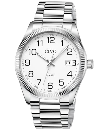 CIVO Reloj Hombre Fácil de Leer: Acero Inoxidable Plateado Analógico Esfera Grande Blanco Impermeable - Regalo para Personas Mayores con Discapacidad Visual