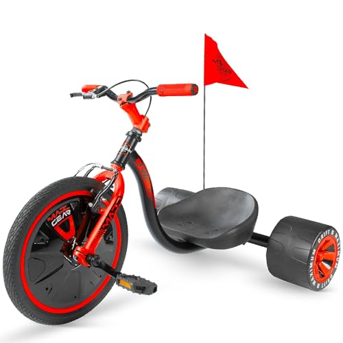 Drift Trike for Kids Ages 5+ – 16' Front Wheel Ride-On with Adjustable Seat, Steel Frame, Rear Slick Drift Wheels & Safety Flag – Madd Gear - (Black Red)