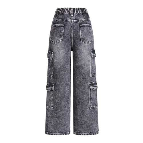 Cargo Jeans for Girls Wide Leg Elastic Waist 𝗩intage Denim Pants Streetwear 𝗛ip Hop Jeans with 𝗙𝐥ap Pocket2