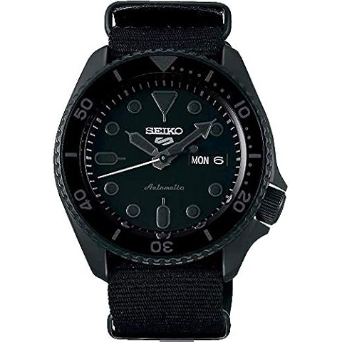 Seiko SRPD79 Watch for Men - 5 Sports, Automatic with Manual Winding, Black Dial with Black Bezel, Black Ion Stainless Steel Case, Black Nylon Strap, and Day/Date Cover