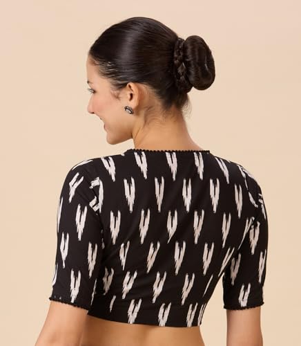 Image of Studio Shringaar Women's Readymade Black Cotton Block Printed Elbow Length Sleeves Saree Blouse