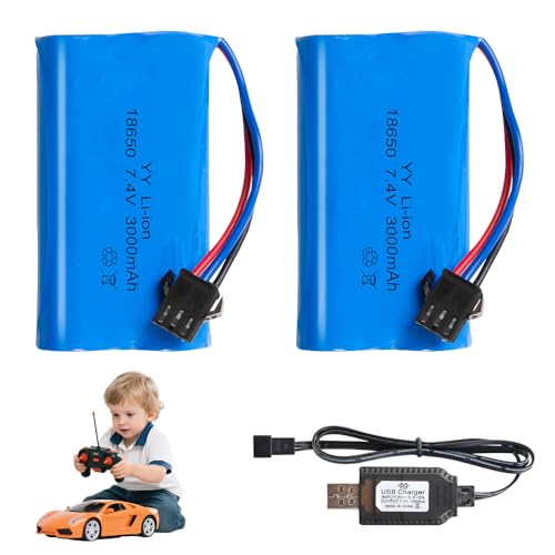 XPJBKC Batería de iones de litio de 7,4 V, 2 baterías de iones de litio recargables de 3000 mAh, batería de iones de litio con conector SM 3P, cable de carga, batería recargable para vehículos RC
