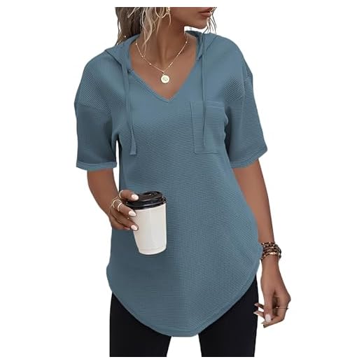 Cuptacc Sudadera con Capucha para Mujer con Cuello en V y Manga Corta Elegante para otoño L 42-44 Piedra Azul