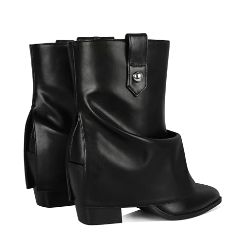 Women's Silver Folded Ankle Boots Pointed Toe Chunky Heel Metallic Booties for Nightclub Party Streetwear and Concert Looks2