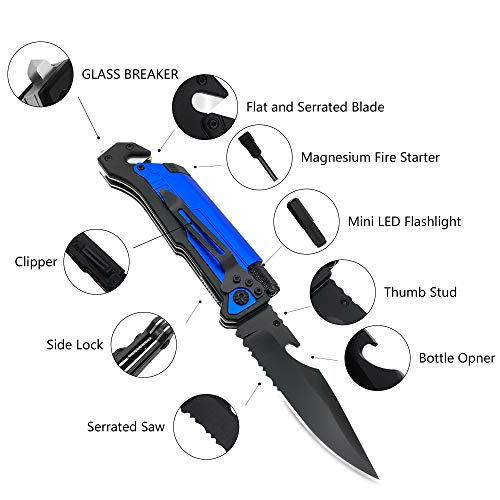 Image of ALBATROSS 6-in-1 Survival Tactical Military Folding Pocket Knives with LED Light,Seatbelt Cutter,Glass Breaker,Magnesium Fire Starter,Bottle Opener;Multi-Function Emergency Tool(Blue)