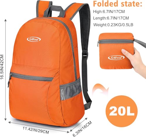 Image of G4Free 20L Small Packable Travel Hiking Backpack for Men Women | Lightweight Foldable Waterproof Daypack for Outdoor, Orange Update