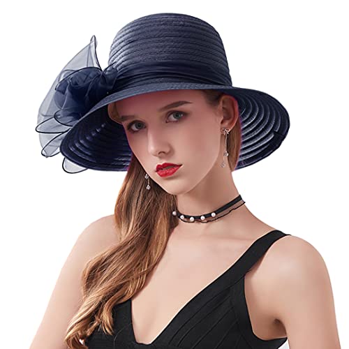 Haoohu Women's Church Derby Hat Wide Brim Bow Bucket Hat Wedding Dress Hat Fascinator Bridal Tea Party Hat Navy Blue #TOP1