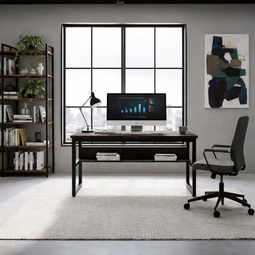 Image of Study Table for Home | with Under-Desk Storage Shelf | Wooden Industrial Computer Table for Home Office & Gaming | Rustic Wood & Black Metal Frame | Black | 120 x 60 x 75 cm