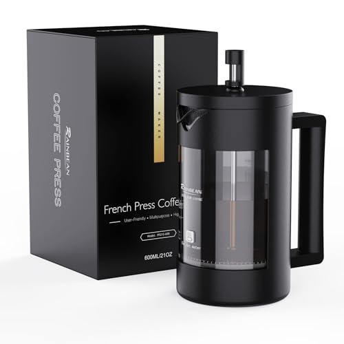 RAINBEAN Cafetiere Coffee Press 4 Cups/600ml Glass French Press Coffee Maker - 3 Level Filtration System Heat Resistant Borosilicate Glass Easy Clean BPA Free