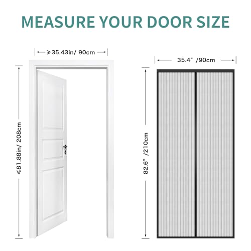 Magnetic Door Screen, SMALUCK Heavy Duty Fly Door Screen Mesh with Powerful Magnets, Durable Mesh Curtains Keeps Bugs Out, Frame Hook & Loop, Kid and Pet Friendly (90 x 210 cm, Black)