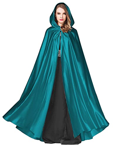 BEAUTELICATE Cape à Capuche Longue pour Femme Mariée Mariage Poncho en Satin De Automne Hiver Manteau Médiéval Unisexe Déguisement De Halloween Noël Carnaval(Taille Unique, Cyan)