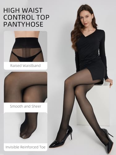 2 Pair T-Crotch Sheer Pantyhose for Women- 30D High Waist Control Top Stockings with Invisible Reinforced Toes4