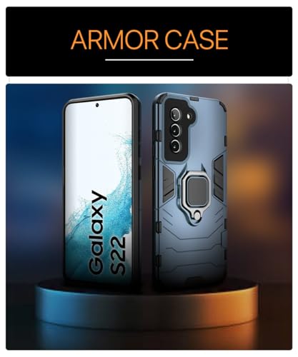 Image of WOW IMAGINE Shock Proof Back Case Mobile Cover for Samsung Galaxy S22 5G | Back Cover Case (Tough Armor | Hybrid PC + TPU | Ring Holder & in-Built Kickstand | Blue)