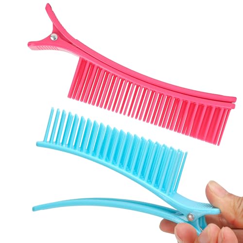 Alligator Hair Sectioning Grip Clips, 2 Pack Must Haves Nonslip Hairstylist for Coloring Barber Cutting Supplies, Neon Clip Parting Comb Quick & Efficient Nonslip, Professional Salon Braider Pink/Blue