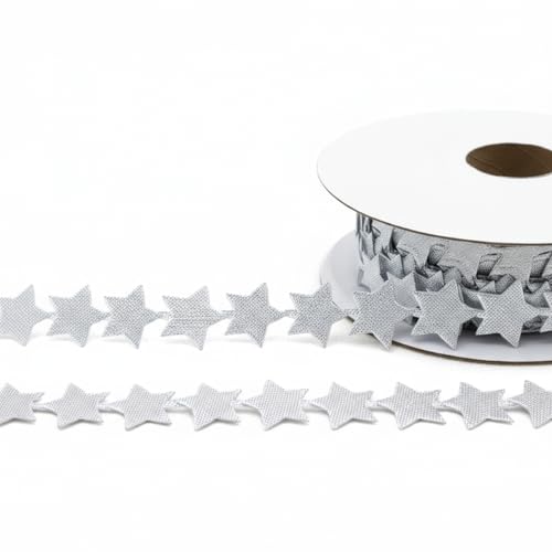 25 Yards Sparkly Polyester Star Ribbon Trim, 0.6 Inch Decorative Glitter Star Garland for DIY Crafts, Gift Wrapping, Wedding Party Decor, Baby Shower, Christmas Tree Ornaments(Silver)