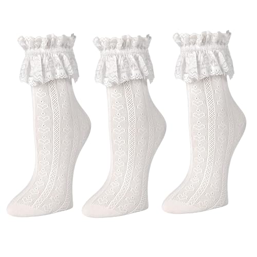 Image of 3 Pairs Womens Lace Ankle White Ruffle Frilly Dress Sexy Mesh Lace Trim Lolita Sock Lacy Ruffled Bootie Socks