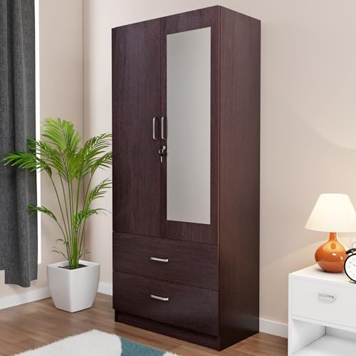 Image of VIKI Wardrobe | Albarracin Wardrobe | Wooden Almirah for 2 Door Wardrobe with 2 Drawer & Hanging Space with Mirror (Dark Wenge - 40D x 80W x 180.8H) | 1 Year Warranty | Free Assembly