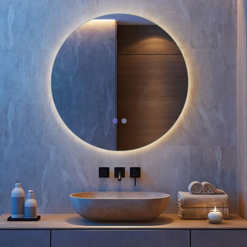 COSTWAY Specchio Rotondo LED da 60 cm, Specchio da Bagno da Parete con Luminosità Regolabile, Retroilluminato Morbido, Vetro Temperato con Funzione Memoria e Anti-Appannamento (60 cm x 2,8 cm)