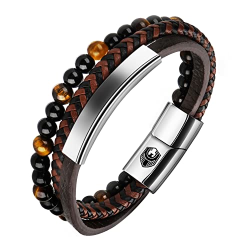 SHIEAGLELD Pulsera de cuero trenzado hecha a mano para hombre, con cierre magnético de acero inoxidable y caja de joyería exclusiva para hombre, idea de regalo, 19.5CM, Acero inoxidable de níquel