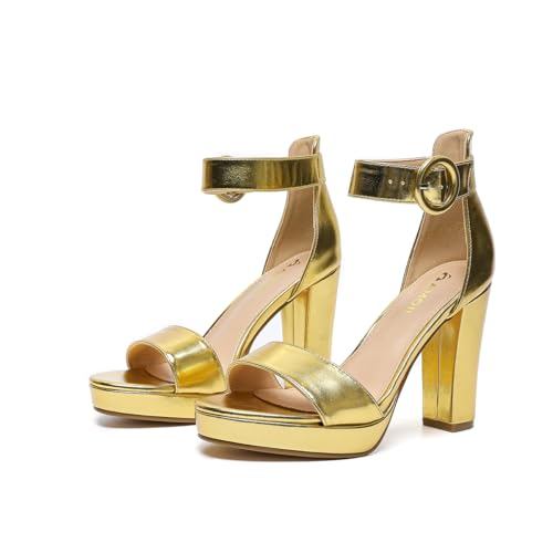 Amoji Women's Chunky Platform Heels Dressy Shoes Heels Dress Shoes Thick Hight Wedding Heels 301F4 Gold Shoes Size 11 women — view 6