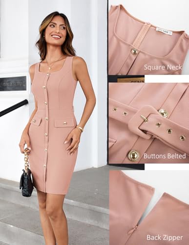 Image of GRACE KARIN 2025 Women's Buttons Belted Square Neck Business Work Dress Sleeveless Bodycon Midi Dress