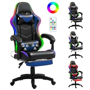 RGB LED Lights Gaming Chair with Footrest for Adults and Kids, Lumbar Support Massager Video Game Chair, High Back Reclining Gamer Chair with Headrest, 360° Swivel Computer Chair (Blue)