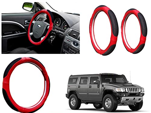 Image of Microfiber Car Steering Wheel Cover, Soft Padding Great Hand Feel, Anti-Slip, Faux Leather Steering Cover for Hummer H2 | Black Red Jali - Pack of 1