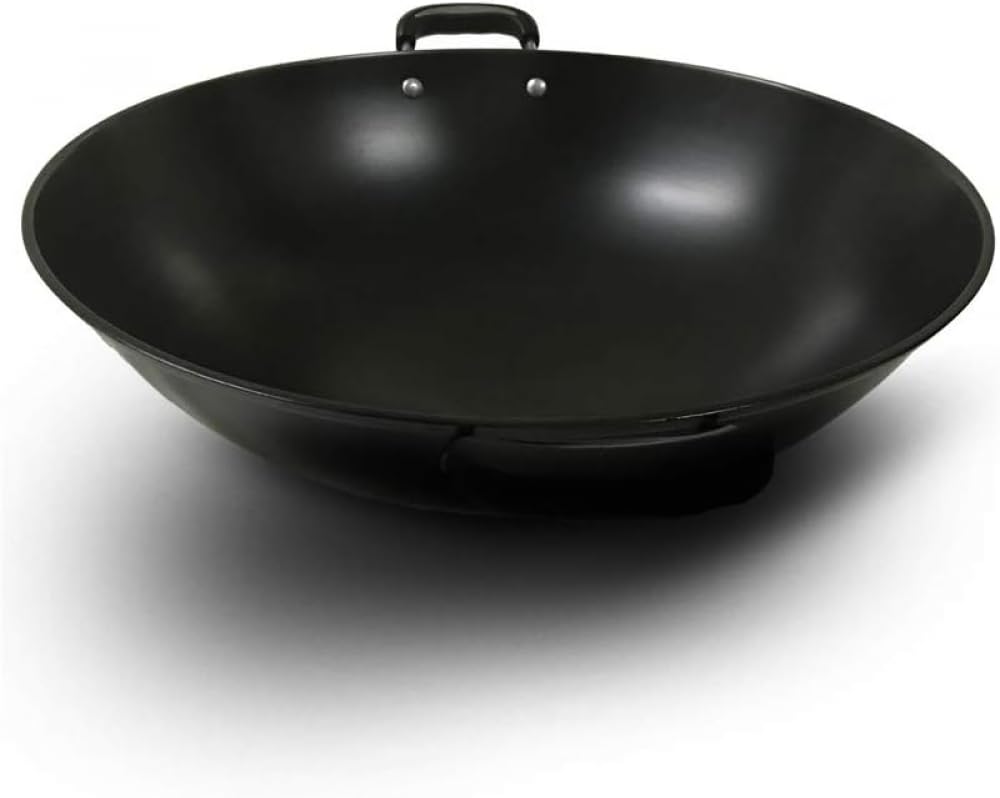 ASerZenith 18 Inch Cast Iron Wok, Chinese Style Wok, Traditional Hand Hammered Pot, With Cover And 2 Pot Ear, Does Not Rust