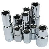 HARSKIYER Juego de 10 llaves de vaso de 1/4, 3/8 y 1/2 pulgadas de 10 mm, poco profundas y profundas, 6 puntos y 12 puntos de acero al cromo vanadio, acabado espejo