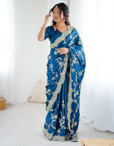 Image of SIRIL Women's Satin Embroidery And Scalloped Border Saree With Unstitched Blouse Piece