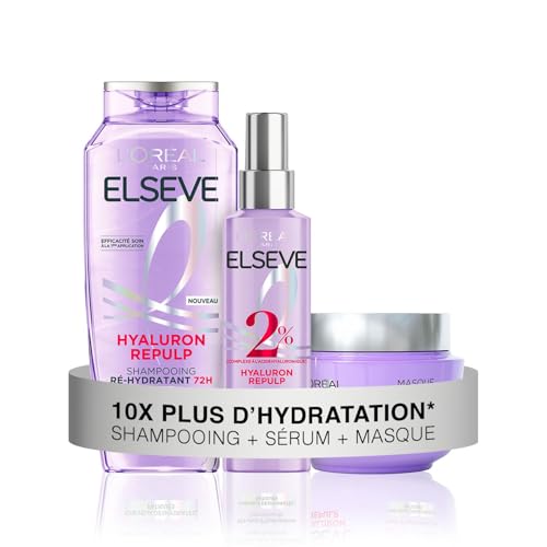L'Oréal Paris - Routine Soin Hydratation Intense - Cheveux Déshydratés - Hydratation 72H - À l'Acide Hyaluronique - 3 Produits - Shampooing, Sérum & Masque - Elseve Hyaluron Repulp