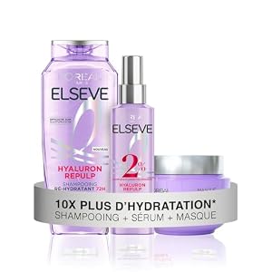 L&rsquo;Oréal Paris – Routine Soin Hydratation Intense – Cheveux Déshydratés – Hydratation 72H – À l&rsquo;Acide Hyaluronique – 3 Produits – Shampooing, Sérum & Masque – Elseve Hyaluron Repulp